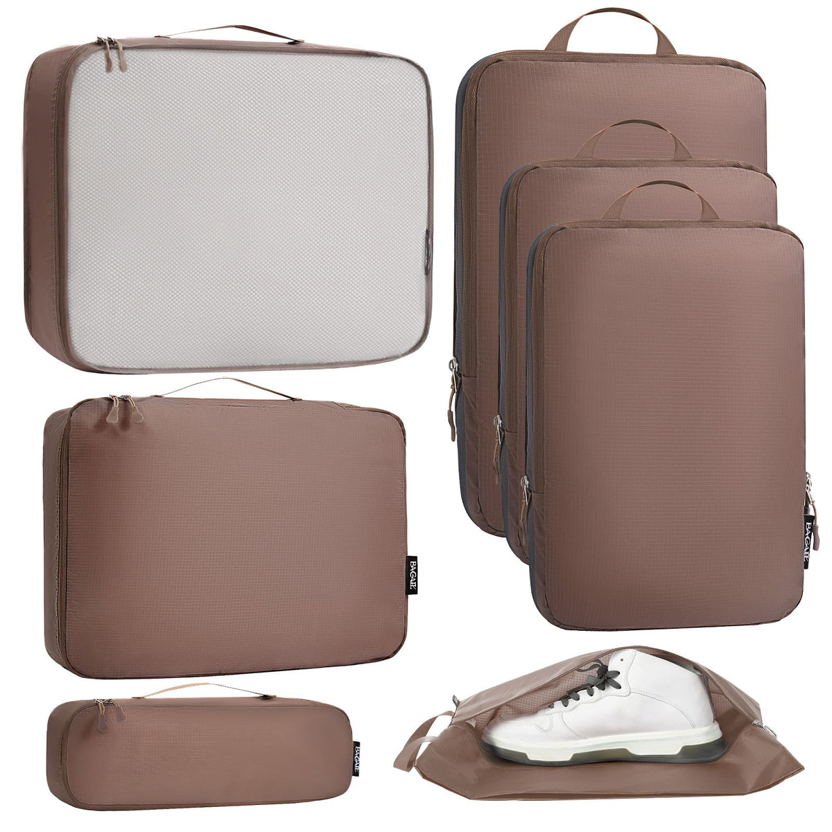 Bagail Ultralight Packing Cubes 7 Set, 3 Compression Packing Cubes 3 Packing Organizers With 1 Shoe Bag-Beige Mesh Bagail STORAGE_BAG The Brown / Cloth Pattern