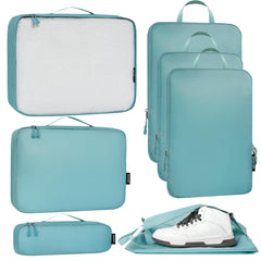 Bagail Ultralight Packing Cubes 7 Set, 3 Compression Packing Cubes 3 Packing Organizers With 1 Shoe Bag-Beige Mesh Bagail STORAGE_BAG The Dusty Blue / Cloth Pattern