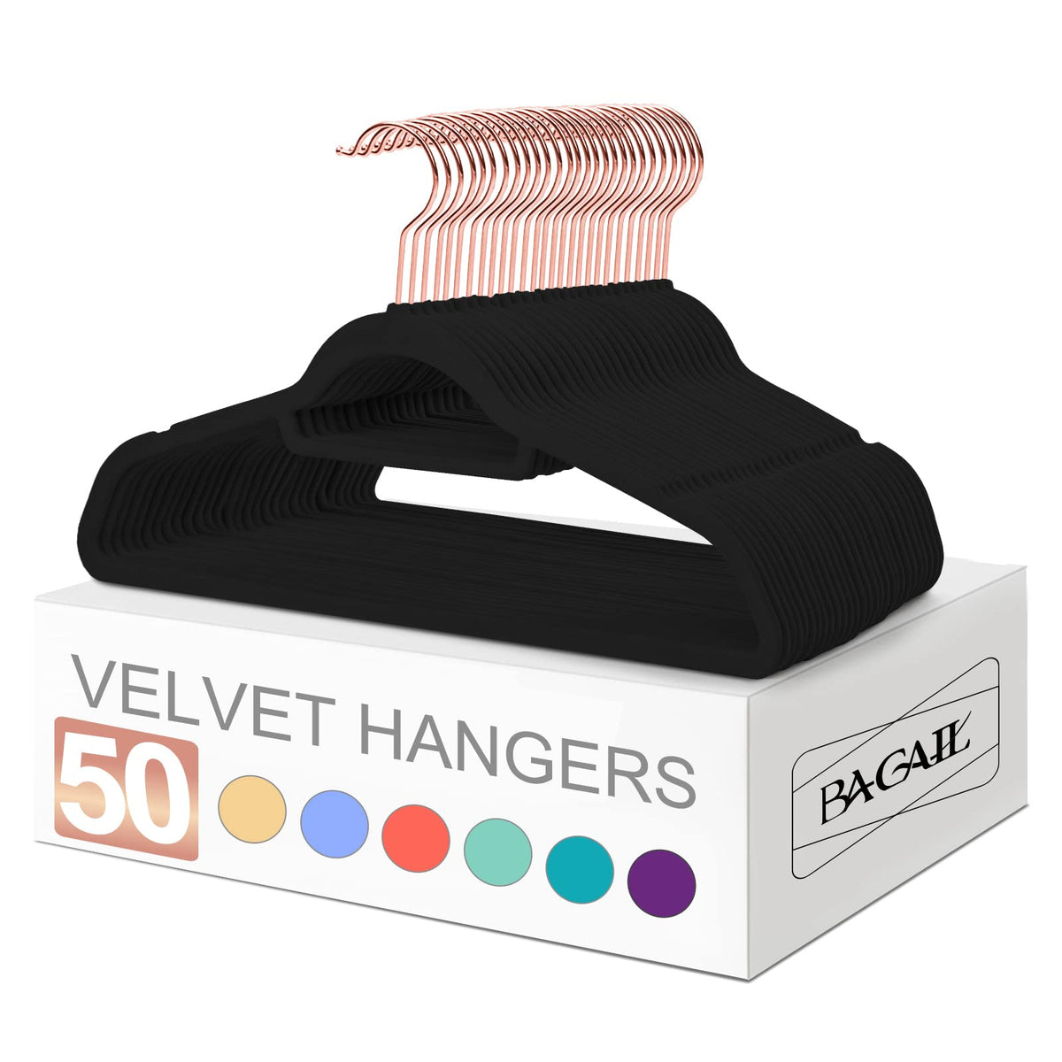 BAGAIL Velvet Hangers 50 Pack, Non Slip 360 Degree Swivel Hook Strong and Durable Clothes Hangers for Coats, Suit, Shirt Dress, Pants & Dress Clothes(Black, 50 Pack) BAGAIL CLOTHES_HANGER Black+rose Gold / 50 Pack