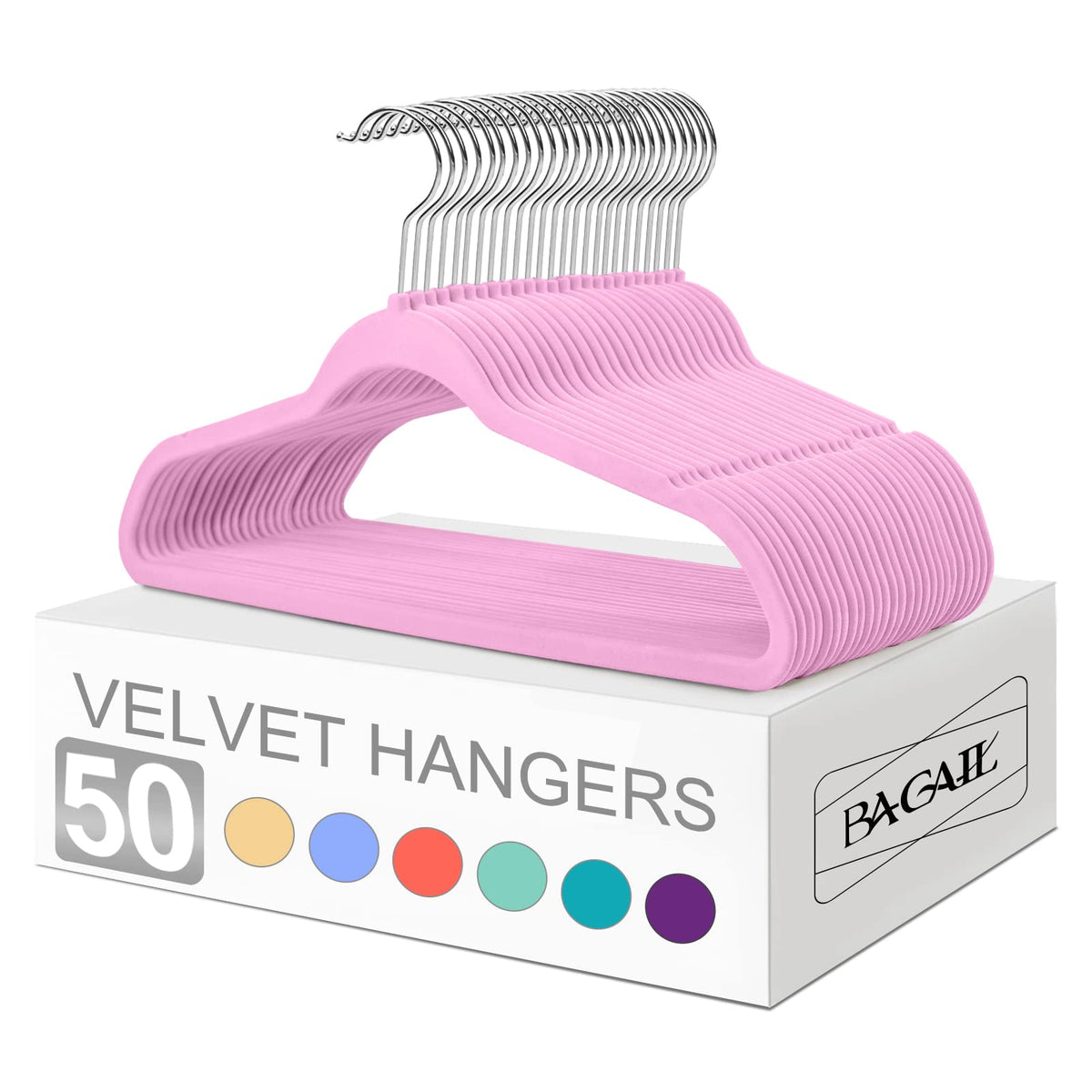 BAGAIL Velvet Hangers 50 Pack, Non Slip 360 Degree Swivel Hook Strong and Durable Clothes Hangers for Coats, Suit, Shirt Dress, Pants & Dress Clothes(Black, 50 Pack) BAGAIL CLOTHES_HANGER Pink / 50 Pack