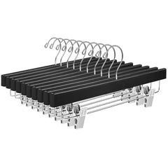 BAGAIL Wooden Pants Hangers with Adjustable Clips, 360°Swivel Hook Space Saving Skirt Holders with Anti-Rust Clips for Trousers, Jeans, Shorts (10Pack Black) BAGAIL CLOTHES_HANGER Black / 10 Pack