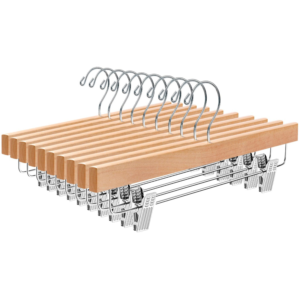 BAGAIL Wooden Pants Hangers with Adjustable Clips, 360°Swivel Hook Space Saving Skirt Holders with Anti-Rust Clips for Trousers, Jeans, Shorts (10Pack Black) BAGAIL CLOTHES_HANGER Natural / 10 Pack