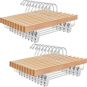 BAGAIL Wooden Pants Hangers with Adjustable Clips, 360°Swivel Hook Space Saving Skirt Holders with Anti-Rust Clips for Trousers, Jeans, Shorts (10Pack Black) BAGAIL CLOTHES_HANGER Natural / 20 Pack
