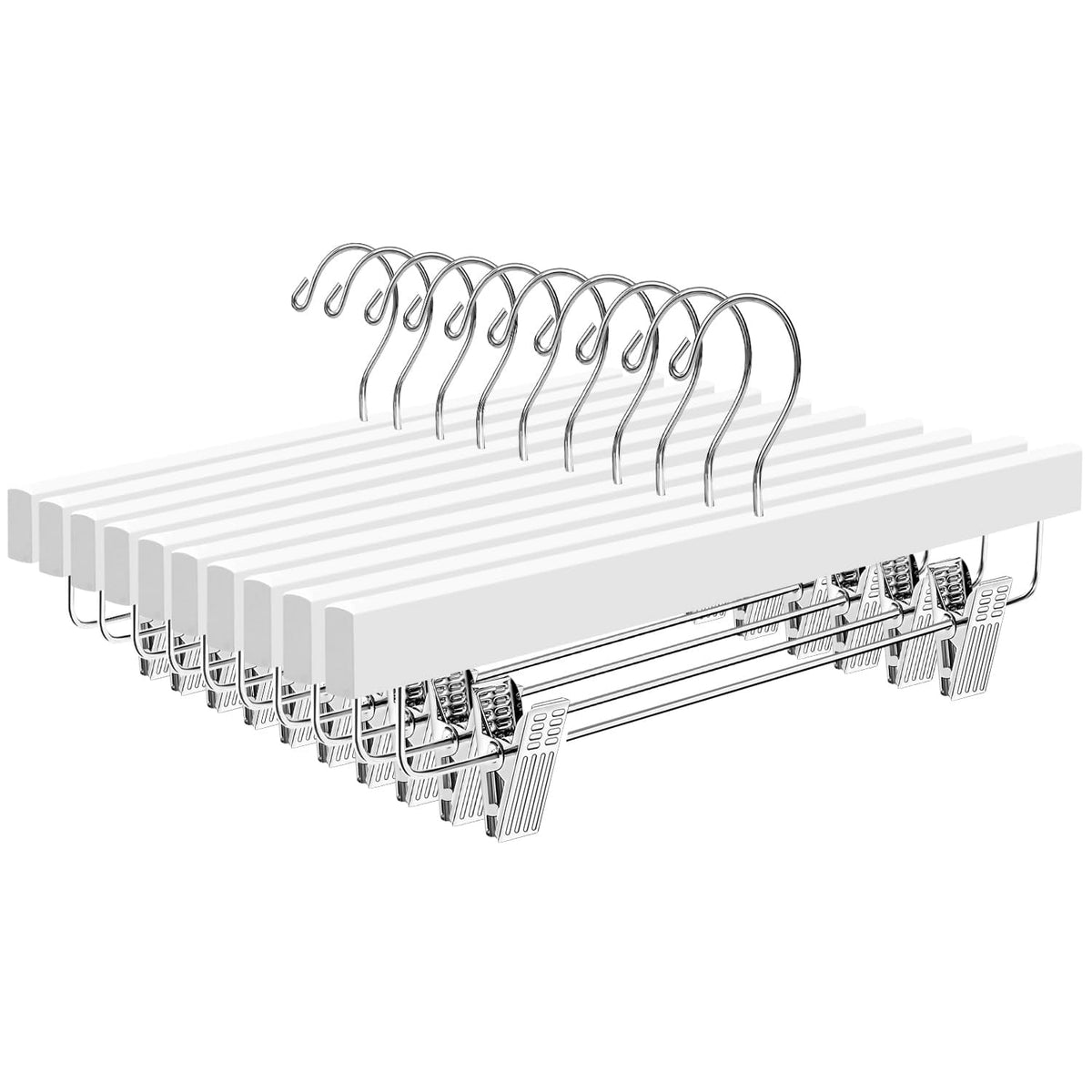 BAGAIL Wooden Pants Hangers with Adjustable Clips, 360°Swivel Hook Space Saving Skirt Holders with Anti-Rust Clips for Trousers, Jeans, Shorts (10Pack Black) BAGAIL CLOTHES_HANGER White / 10 Pack