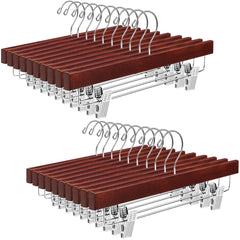 BAGAIL Wooden Pants Hangers with Adjustable Clips, 360°Swivel Hook Space Saving Skirt Holders with Anti-Rust Clips for Trousers, Jeans, Shorts (20Pack Walnut) Bagail