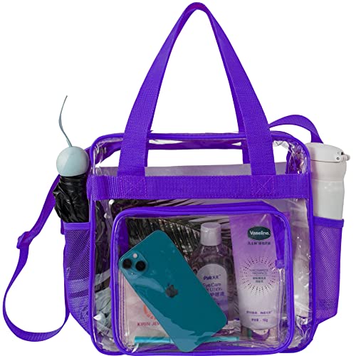 Clear Shoulder Tote with Inside Pocket and Zipper Closure, Purple