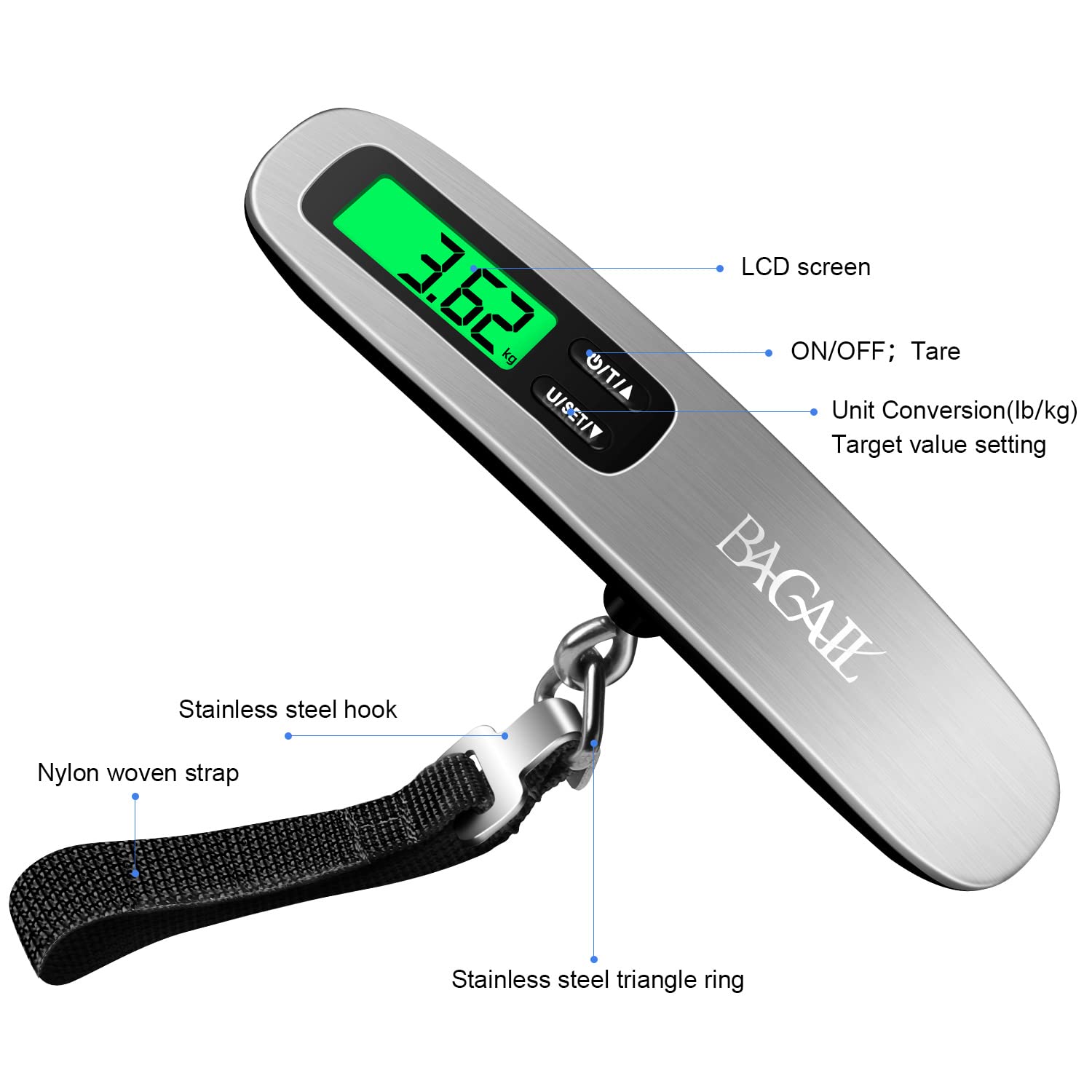 Digital Luggage Scale, 110LB Portable Handheld Baggage Scale for Travel,  Suitcase Scale with hook, Battery Included with Overweight Alert, White  Backlight LCD Display - Silver 