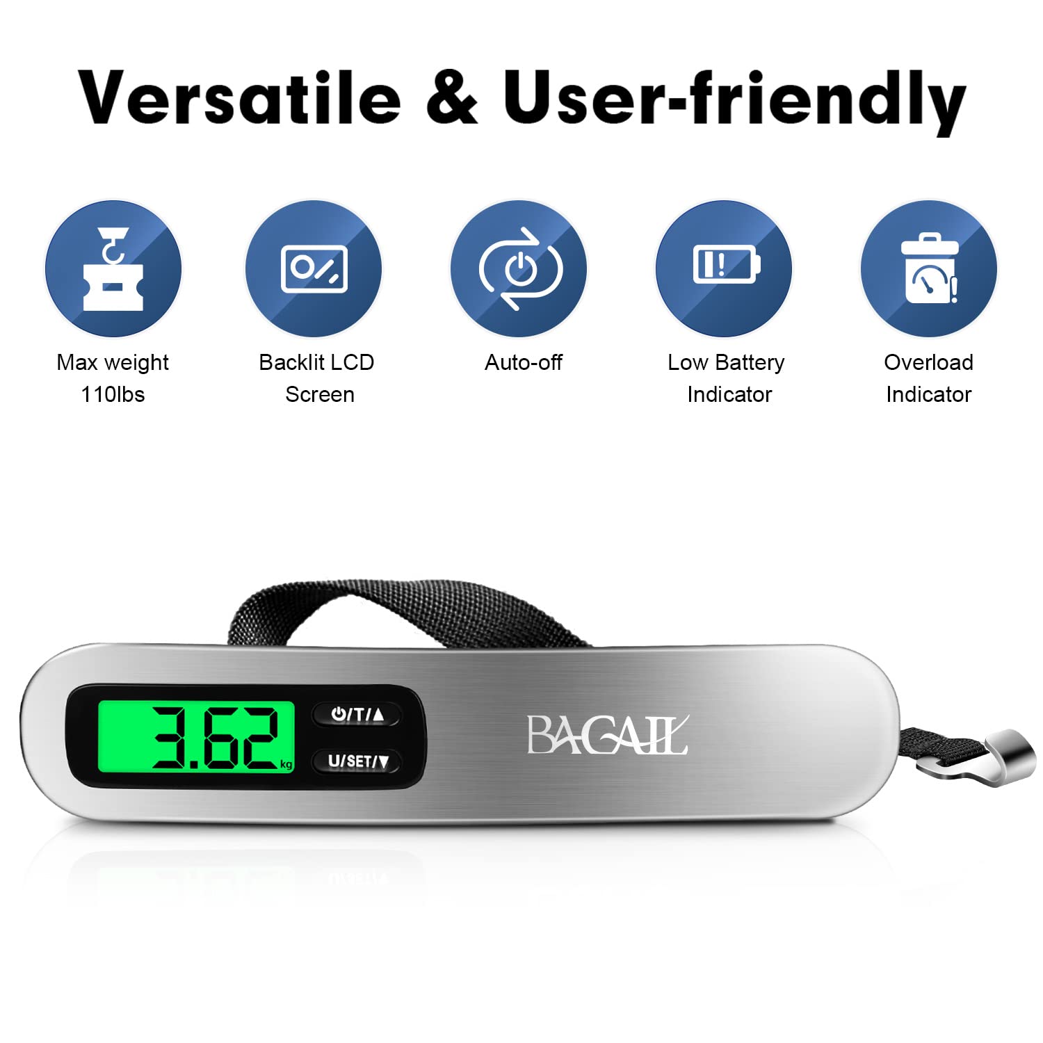 BAGAIL Digital Luggage Scale, 110lbs Hanging Baggage Scale with Backli