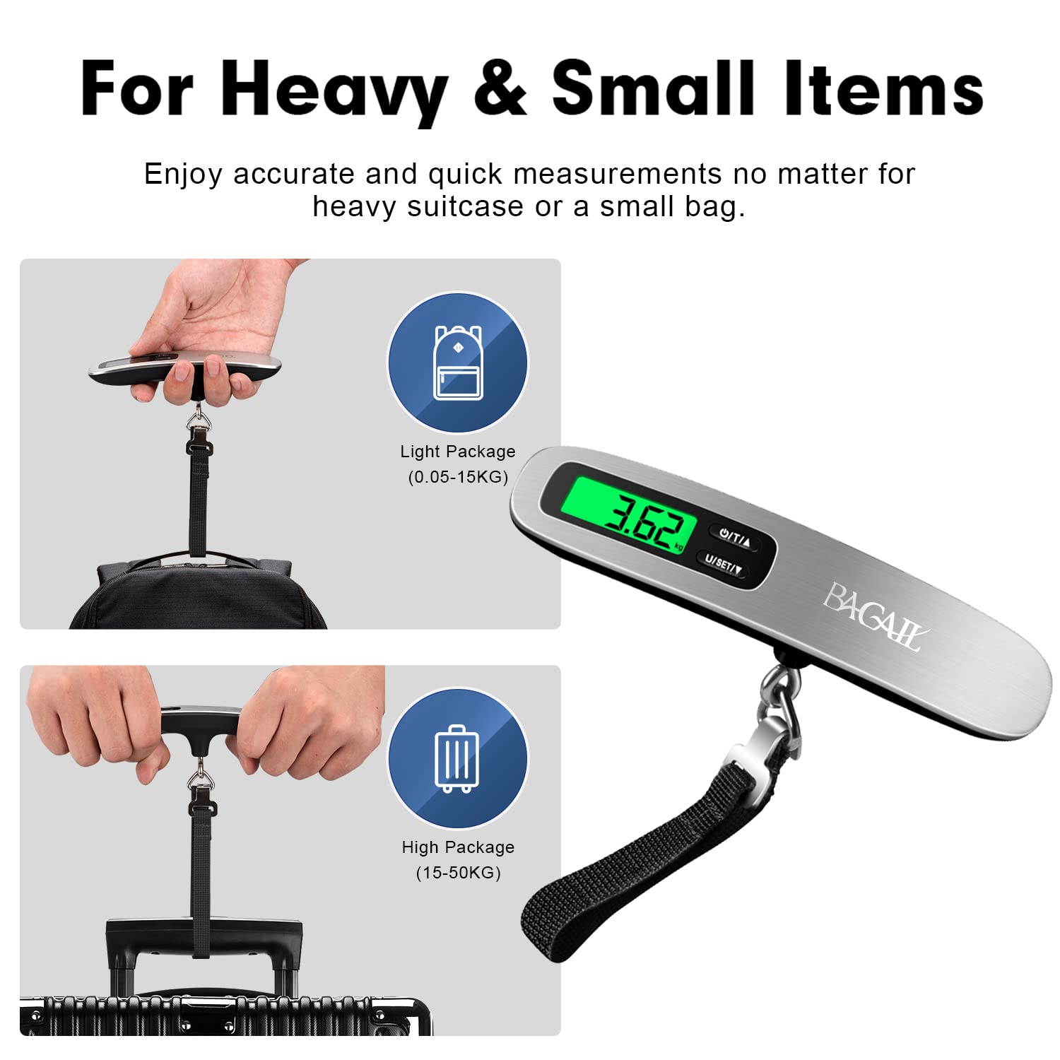 BAGAIL Luggage Scale, Digital Hanging Scale for Travel, Weight Scale with Backlit LCD Display, Portable Suitcase Weighing Scale with Hook, Strong
